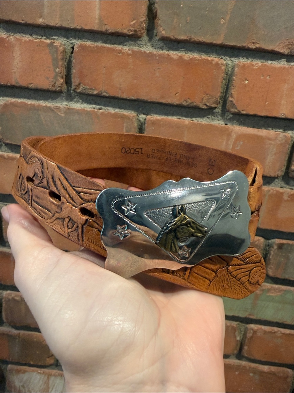 Hand-Tooled Brown Leather unisex Belt with Western Horse Buckle